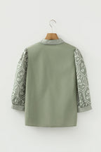 Floral Patchwork Contrast V-Neck Puff Sleeve Blouse