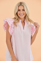 Stripe Contrast Trim V-Neck Flutter Sleeve Blouse