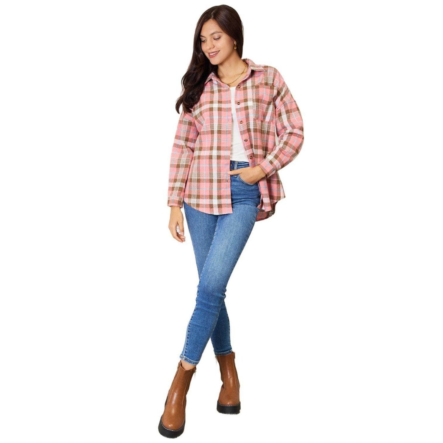 Plaid Collared Long Sleeve Button-Up Shirt - VacationGrabs
