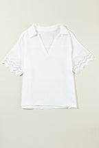 Embroidered Eyelet Crinkled Gauze Collared V-Neck Blouse