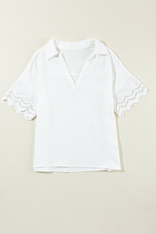 Embroidered Eyelet Crinkled Gauze Collared V-Neck Blouse