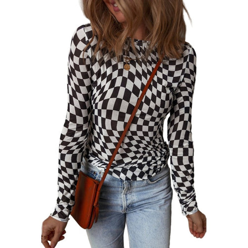 Long sleeve checkerboard shirt women in black and white with a stylish design for casual wear