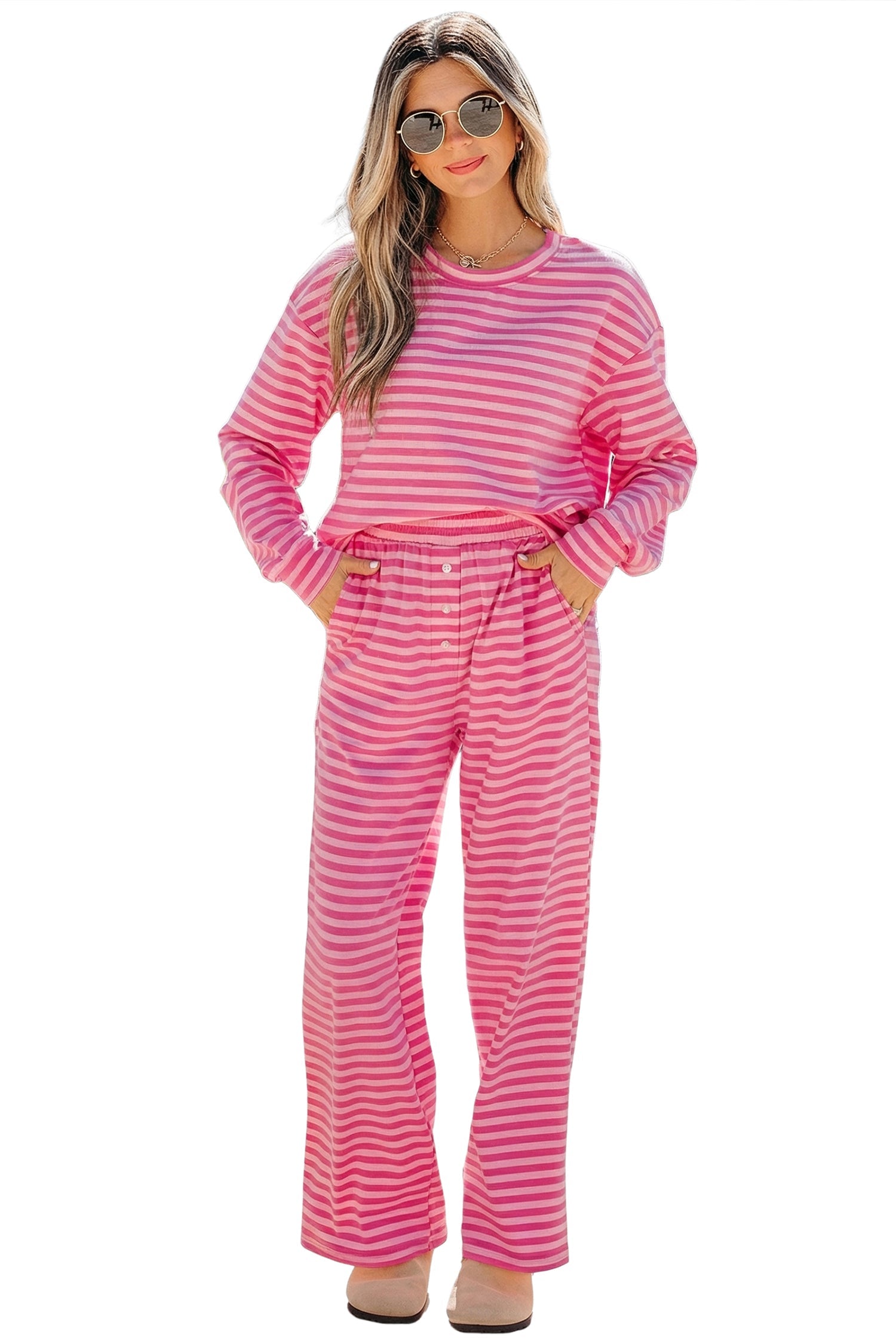 Stripe Drop Shoulder Top & Buttoned Pants Set