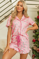 Women's Sleepwear/LoungewearPink Christmas Candy Cane Print Pocketed Knotted Pajama Set - VacationGrabs