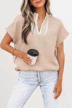 Crochet Lace Trim Rolled Short Sleeve Blouse