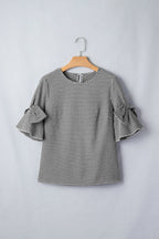 Gingham Plaid Bow Ruffle 3/4 Sleeve Blouse