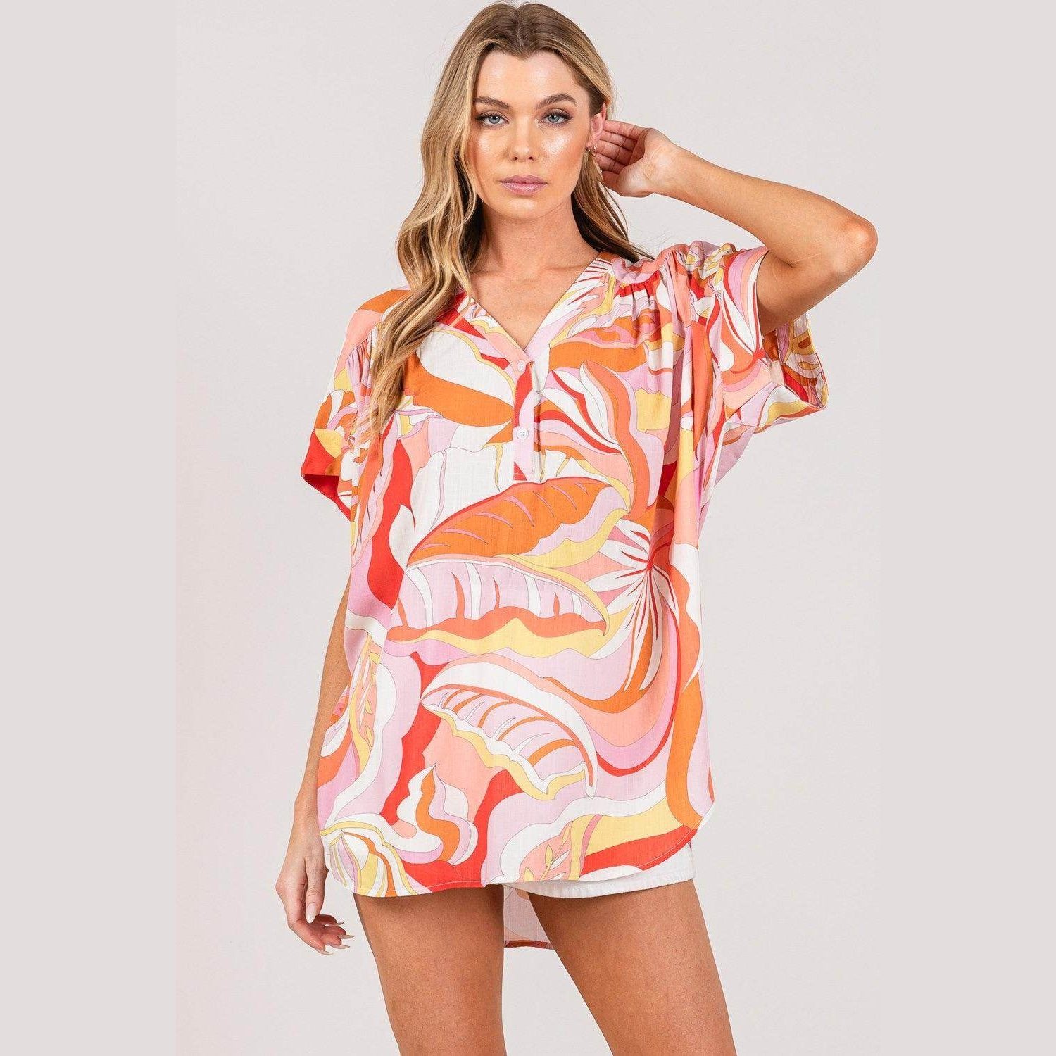SAGE + FIG Abstract Print Half Button Blouse - VacationGrabs