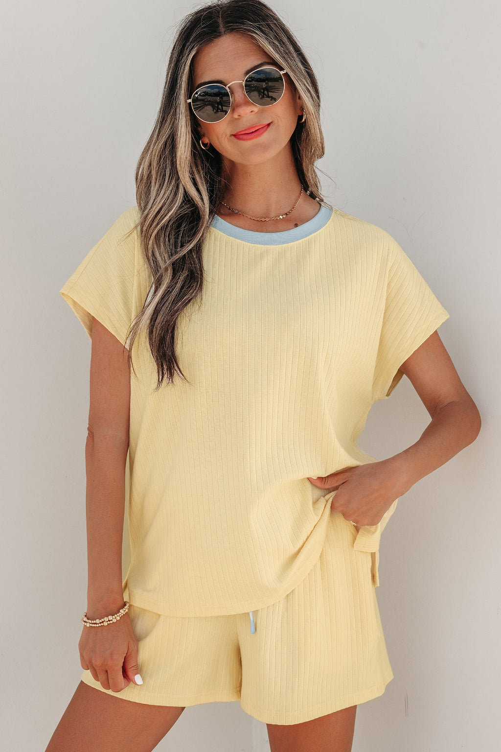 Colorblock Trim Ribbed Top & Shorts Set