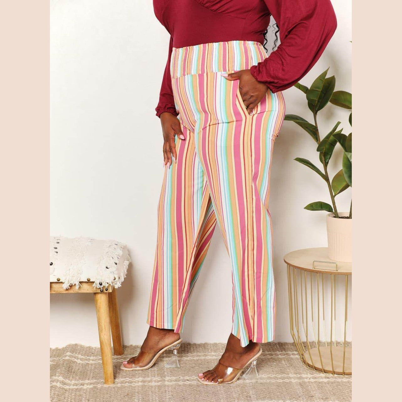 Double Take Striped Smocked Waist Pants with Pockets - VacationGrabs