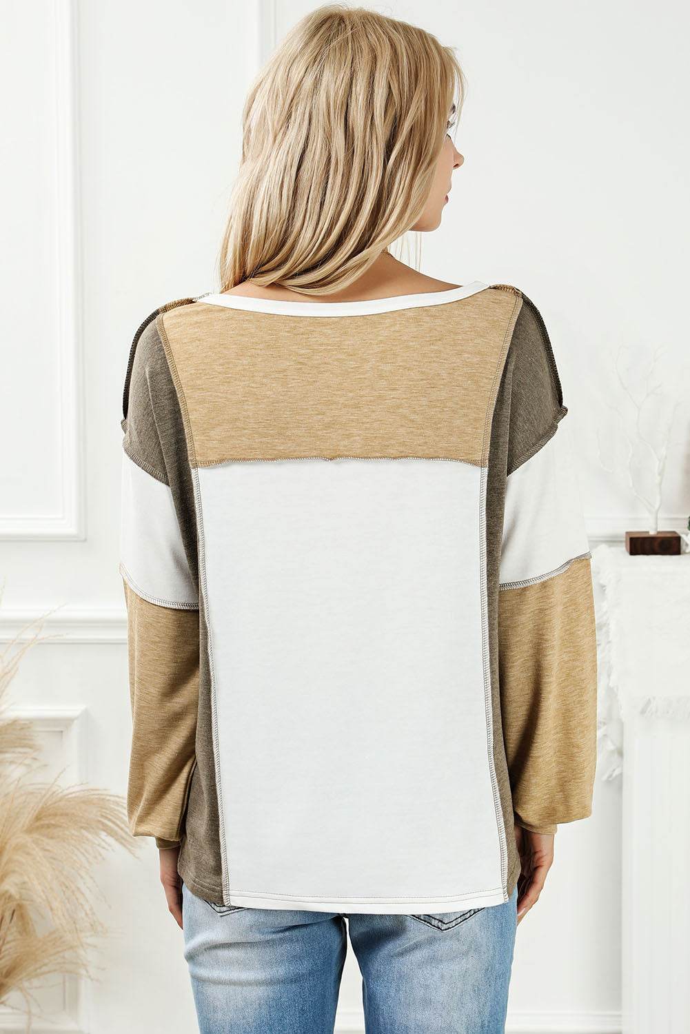 Khaki Exposed Seam Color Block Patchwork Top - VacationGrabs