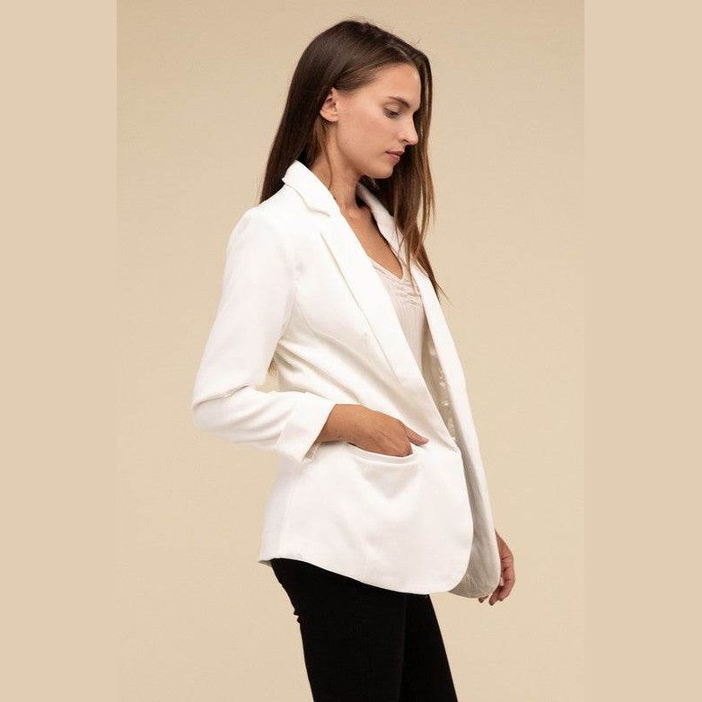Woven Long Sleeve Open Front Classic Blazer - VacationGrabs