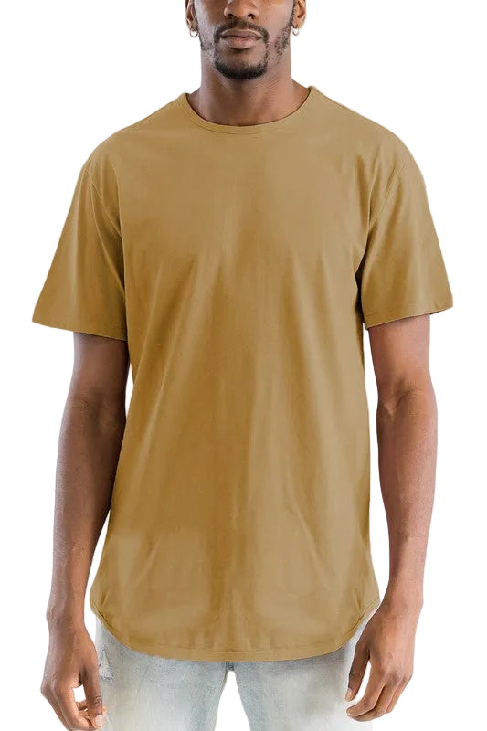 Man wearing a plain brown t-shirt against a white background