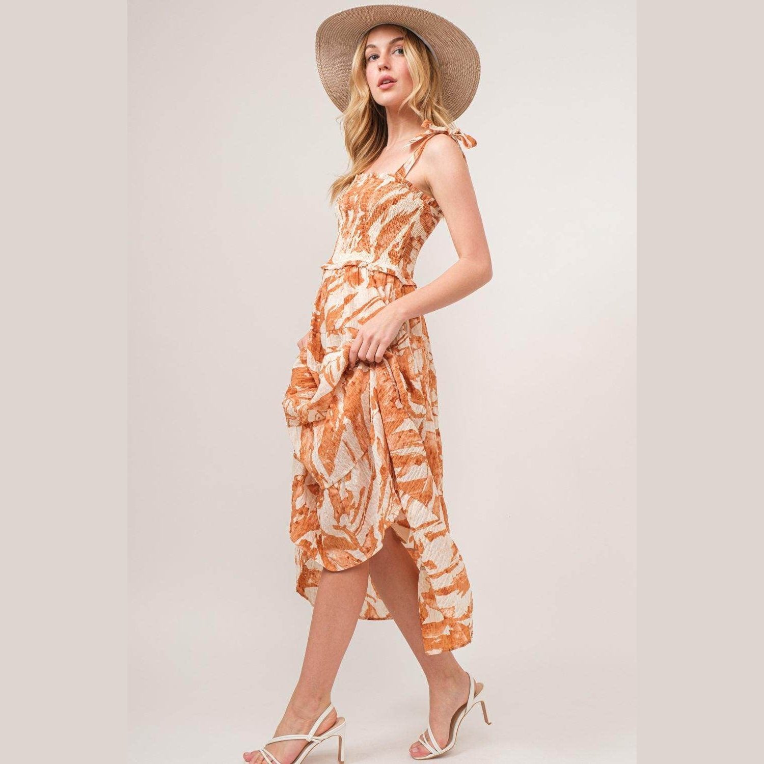 And The Why Tie Shoulder Smocked Midi Tiered Dress - VacationGrabs