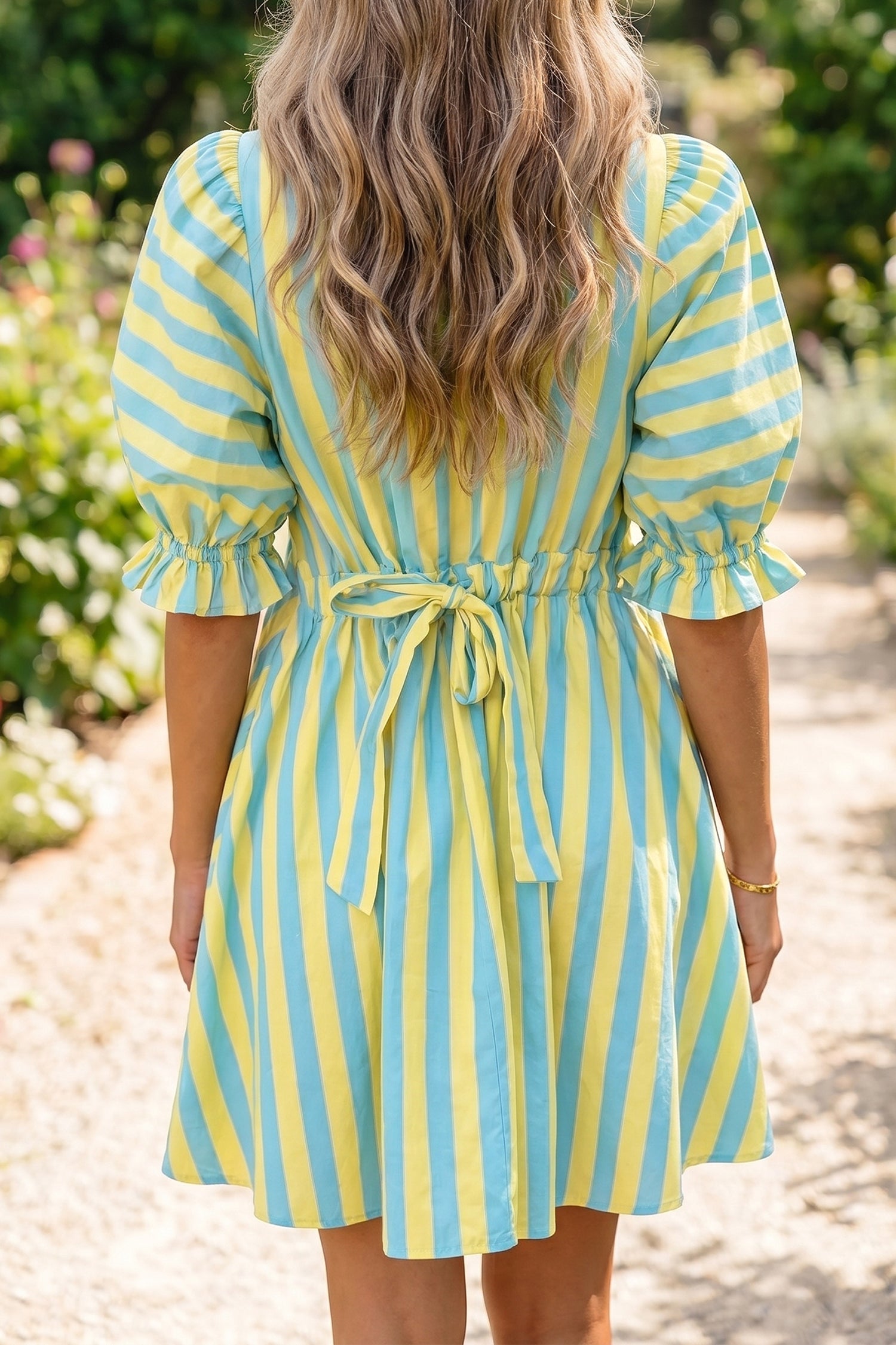 Stripe Half-Button Puff Sleeve Mini Dress