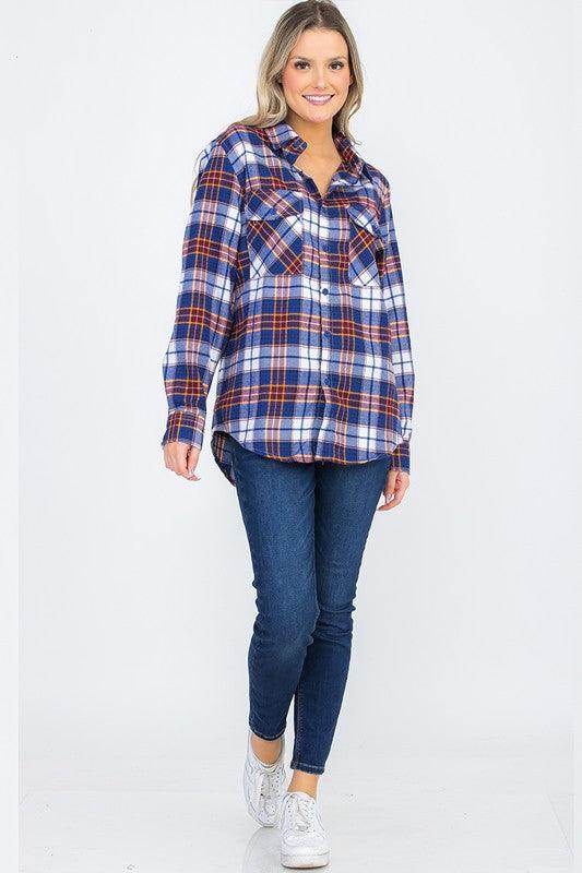 Boyfriend Fit Checker Plaid Flannel Long Sleeve - VacationGrabs