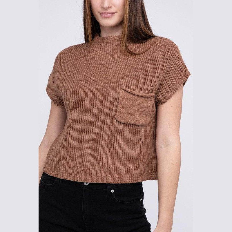 Mock Neck Short Sleeve Cropped Sweater - VacationGrabs