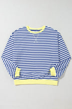 Blue Stripe Oversized Contrast Trim Pullover Sweatshirt - VacationGrabs