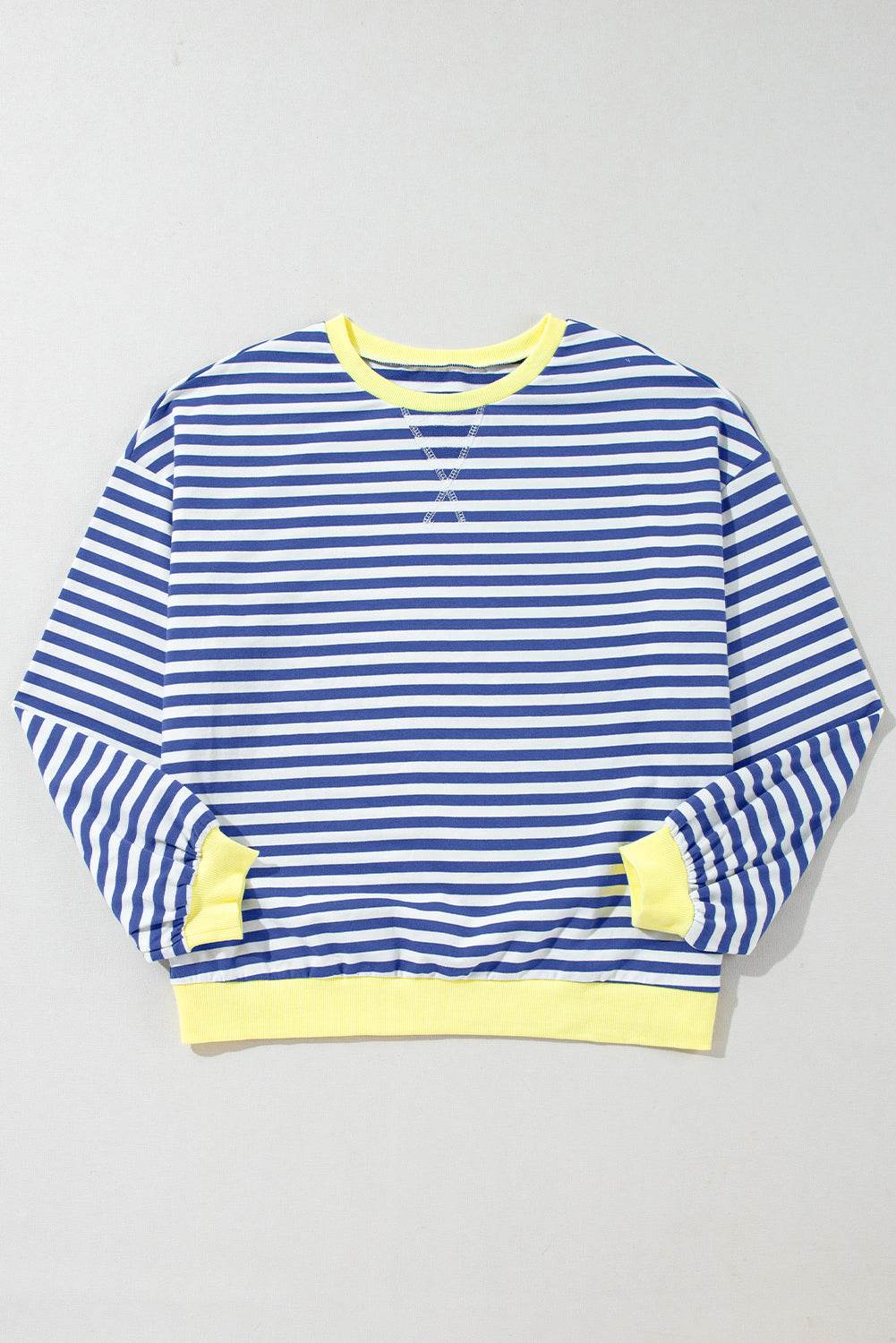 Blue Stripe Oversized Contrast Trim Pullover Sweatshirt - VacationGrabs