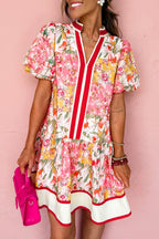 Floral Colorblock Trim V-Neck Ruffle Mini Dress