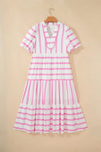 Stripe Ricrac Trim Notched Neck Midi Dress