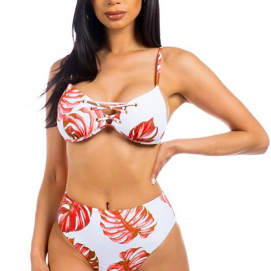 Women's Swimwear - 2PC Two Piece Tropical Leave Print Bikini
