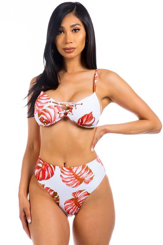 Women's Swimwear - 2PC Two Piece Tropical Leave Print Bikini