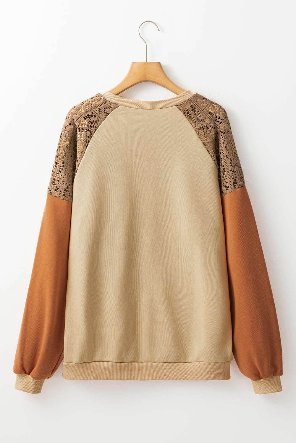 Khaki Lace Patchwork Colorblock Sweatshirt - VacationGrabs