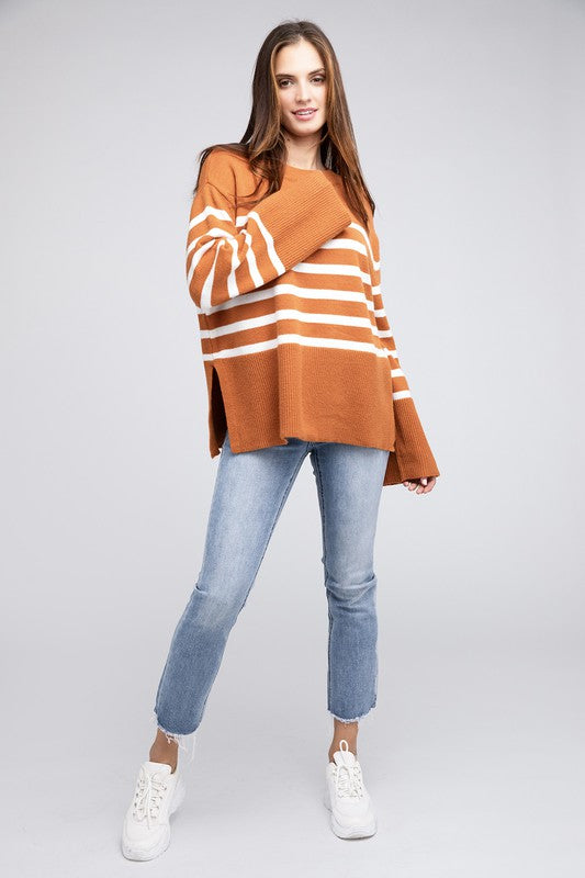 Women's SweatersRibbed Hem Stripe Sweater - VacationGrabs