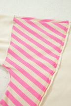 Pink Stripe Contrast Polo Collar Drop Shoulder Patchwork Plus Size Pullover