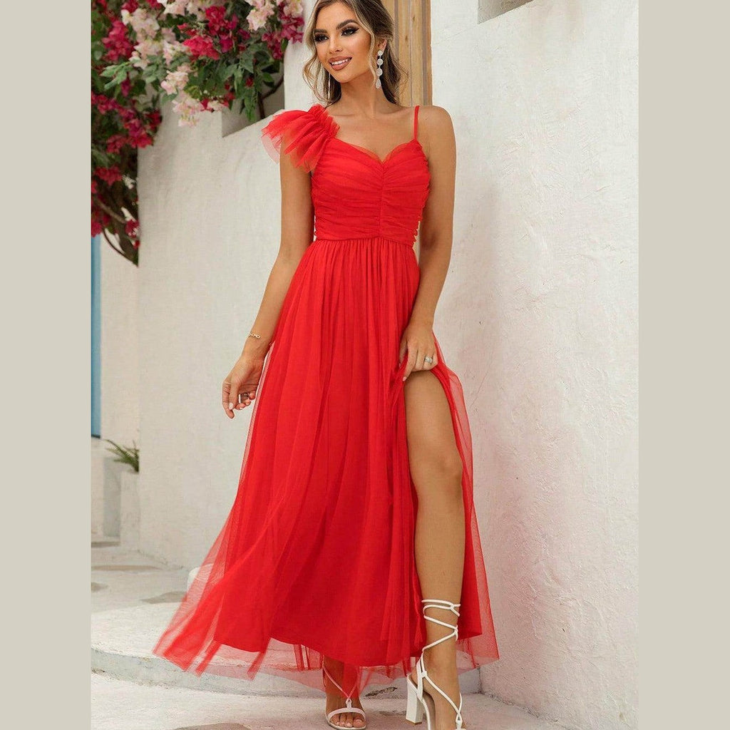 Asymmetrical Ruched Slit Dress - VacationGrabs