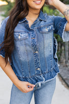 Women's Coats & JacketsPeacock Blue Raw Edge Ruffled Short Sleeve Denim Jacket - VacationGrabs