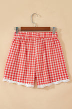 Gingham Plaid Tie Waist Lace Hem Shorts