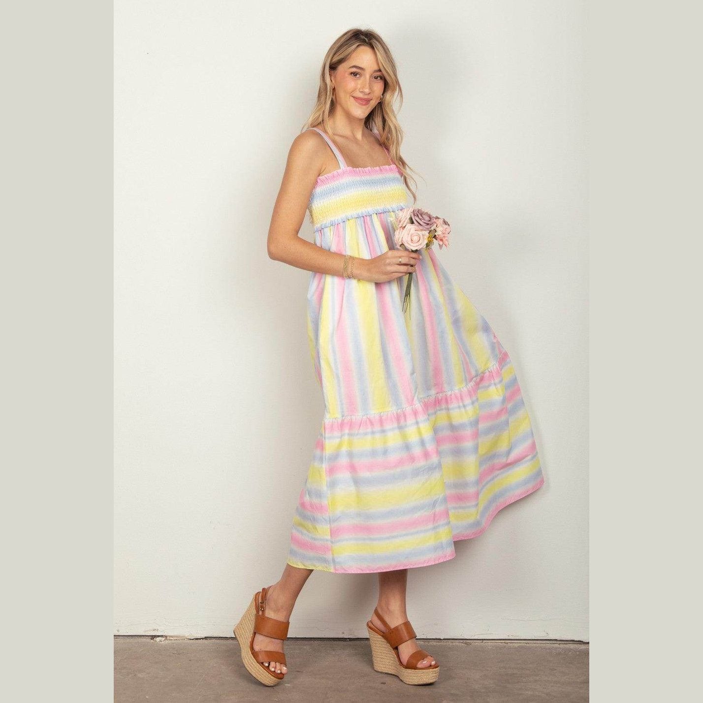 VERY J Striped Woven Smocked Midi Cami Dress - VacationGrabs