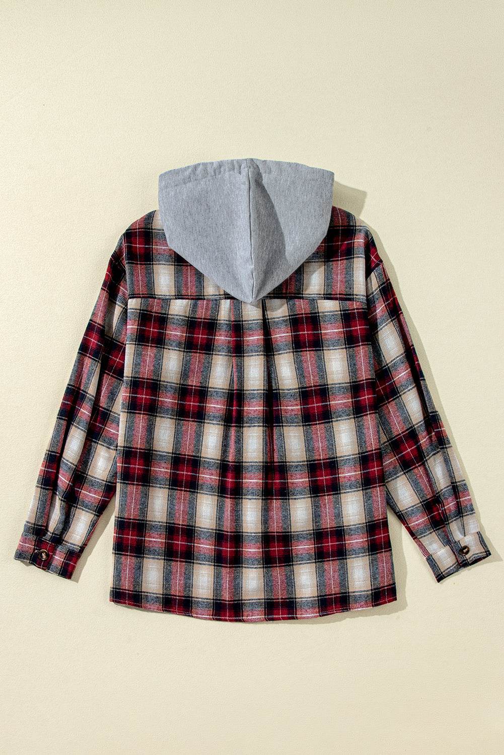 Red Plaid Print Chest Pocket Buttoned Hooded Shacket - VacationGrabs