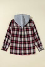Red Plaid Print Chest Pocket Buttoned Hooded Shacket - VacationGrabs