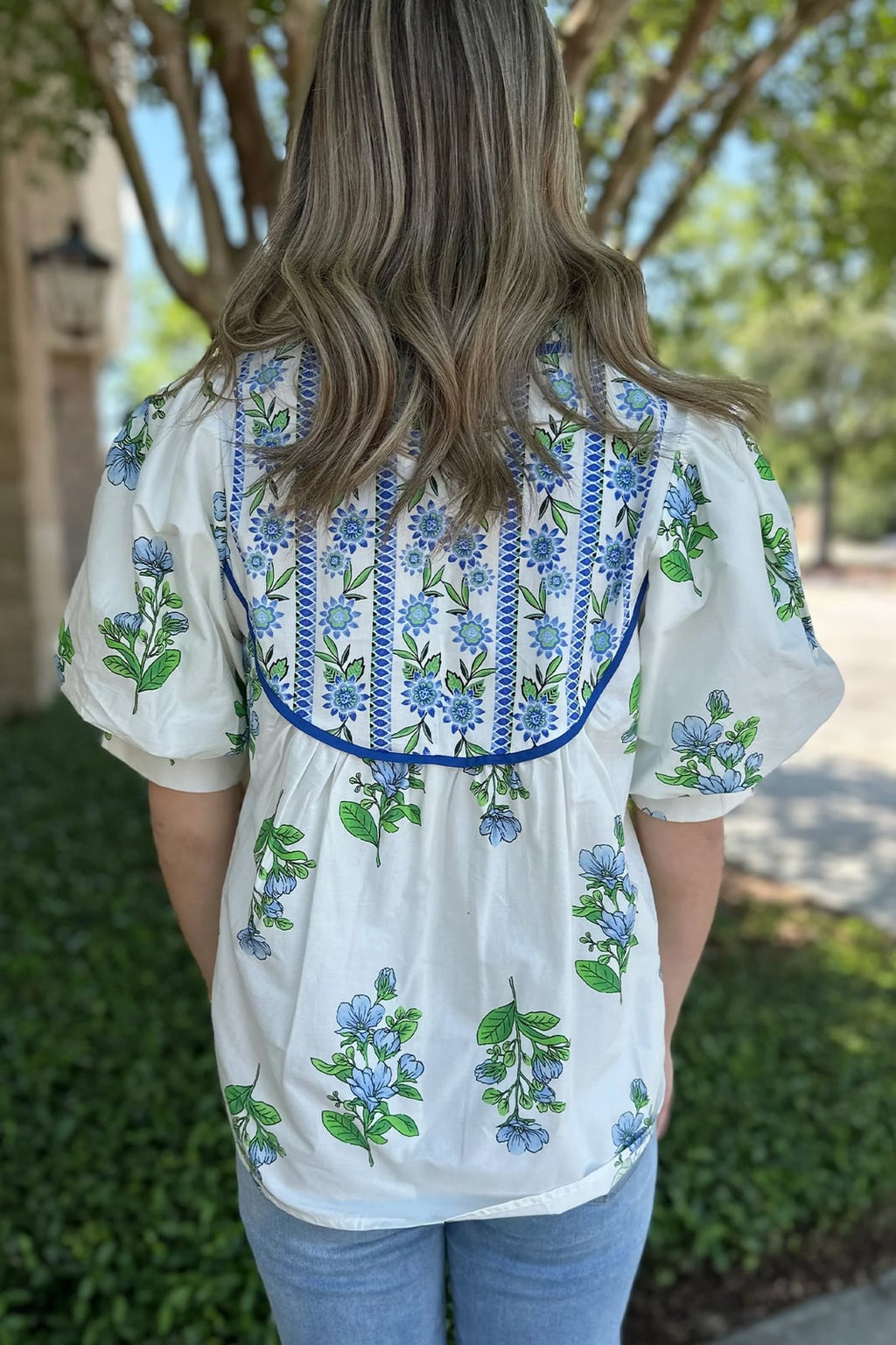 Floral Contrast Trim Tie Neck Blouse