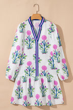 Floral Contrast Stripe Trim Notch Neck Dress
