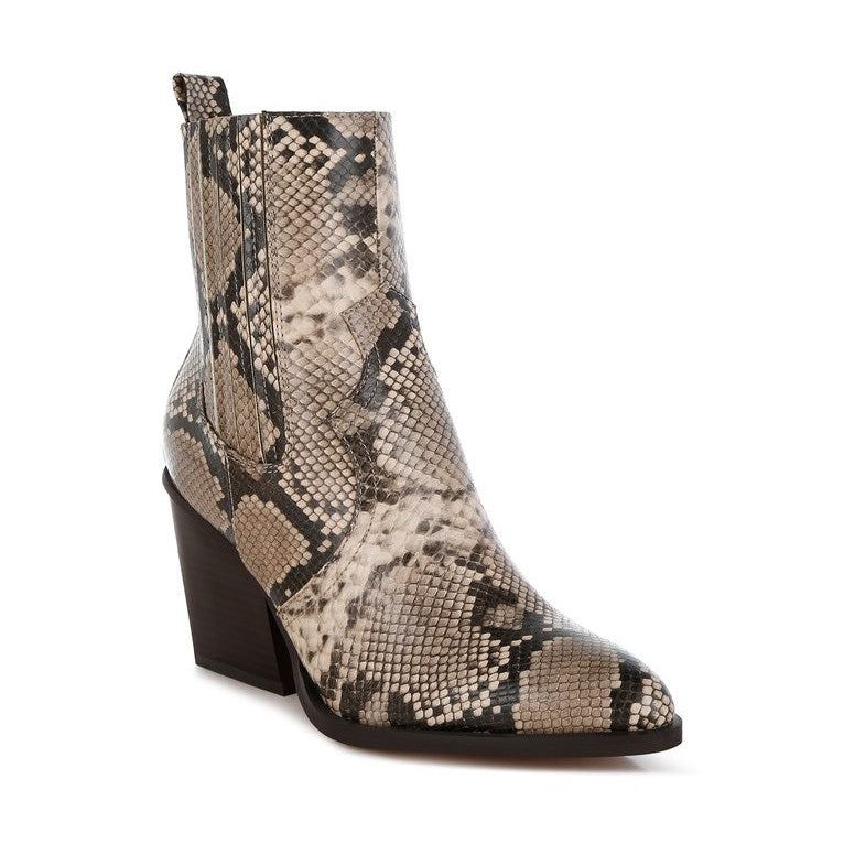 Rag Company stylish vacation ankle boots in snake print with a pointed toe and chunky heel