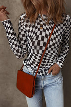 JUNIPER BLVD long sleeve checkerboard shirt women styled with denim and a brown crossbody bag