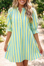 Stripe Half-Button Puff Sleeve Mini Dress
