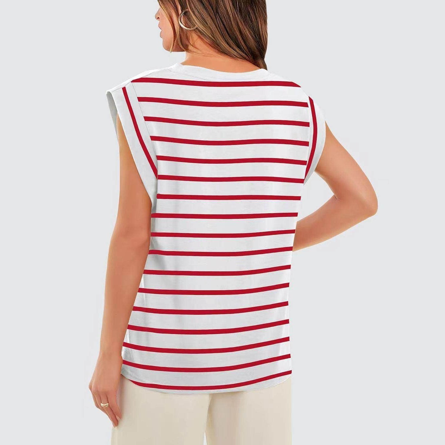 Striped Round Neck Cap Sleeve T-Shirt - VacationGrabs