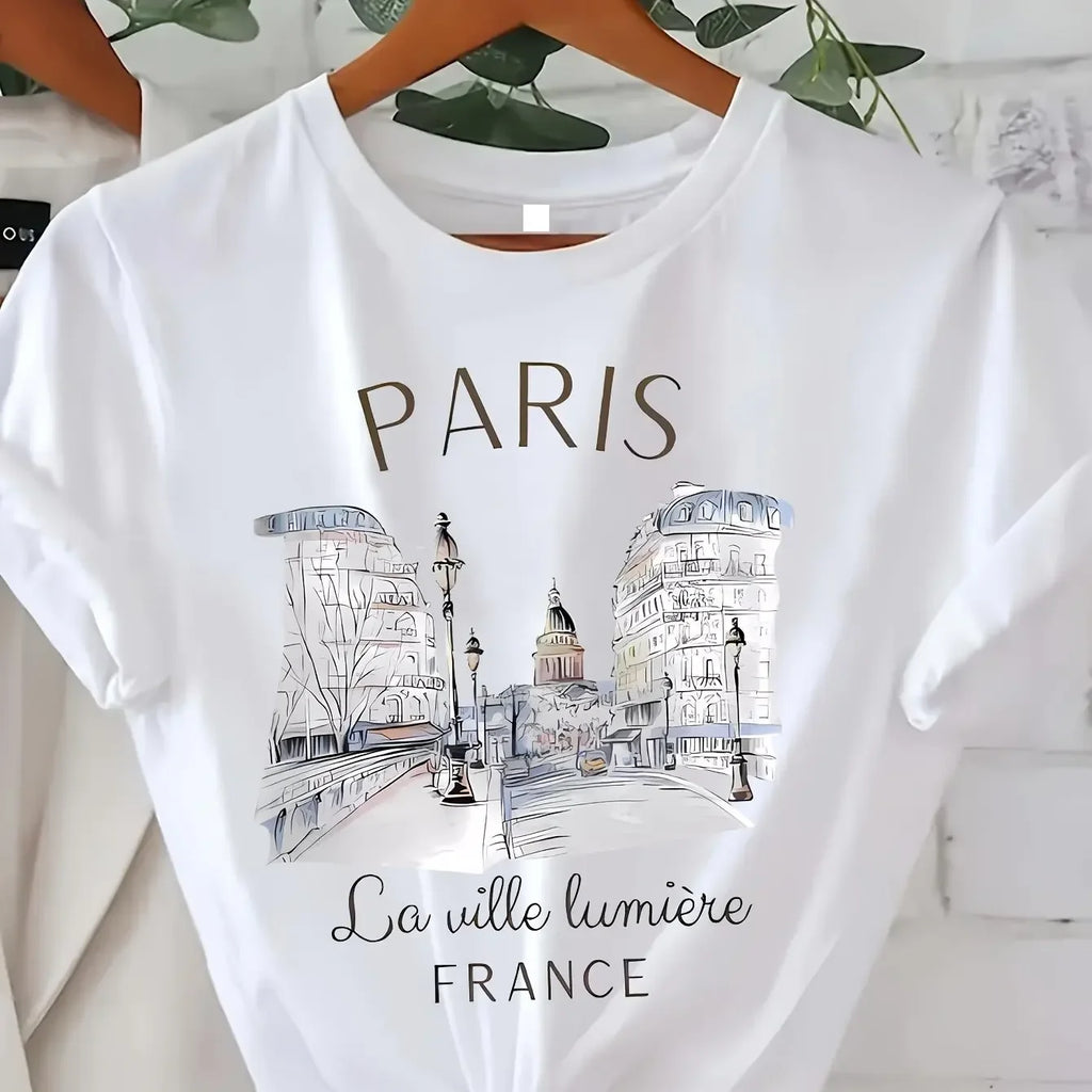 Women's white 90s Paris graphic t shirt for casual outings