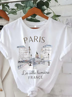 Women's white 90s Paris graphic t shirt for casual wear