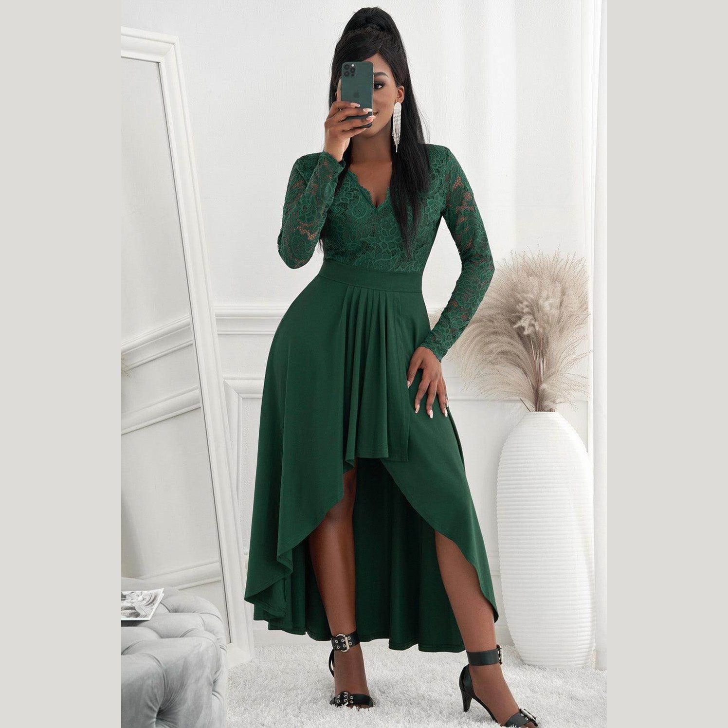 Lace High-Low V-Neck Dress - VacationGrabs