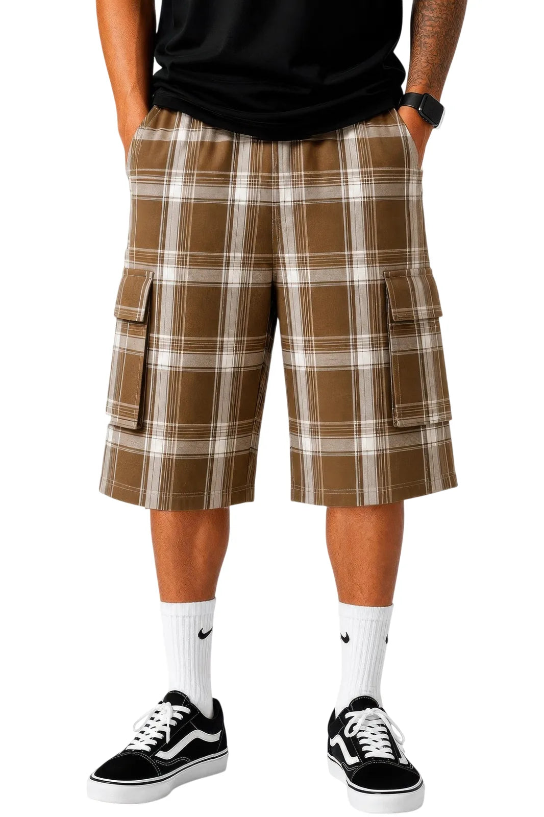 Mens Checkered Baggy Cargo Shorts - Brown - white background
