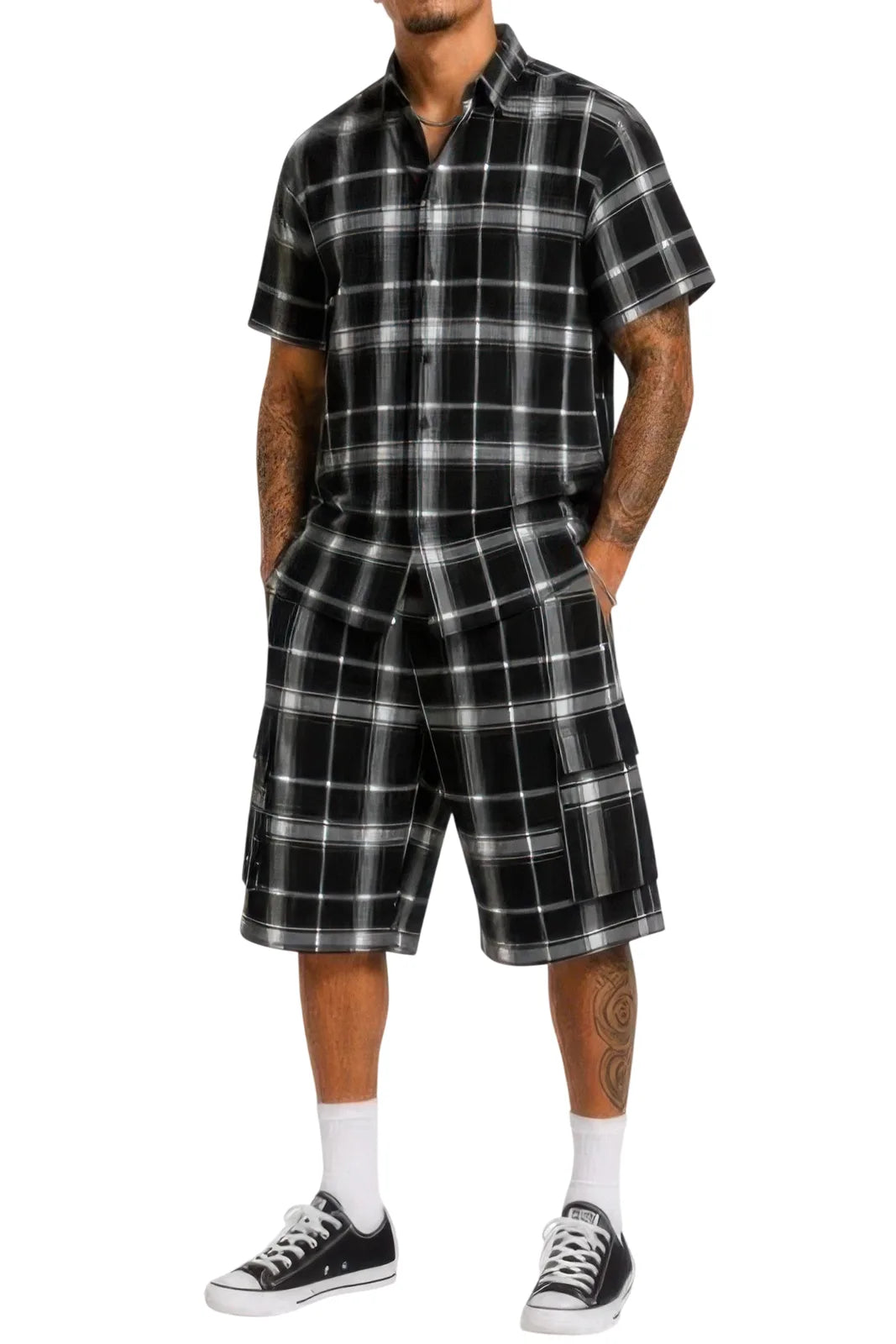 Mens Checkered Shirt And Cargo Shorts Set - white background