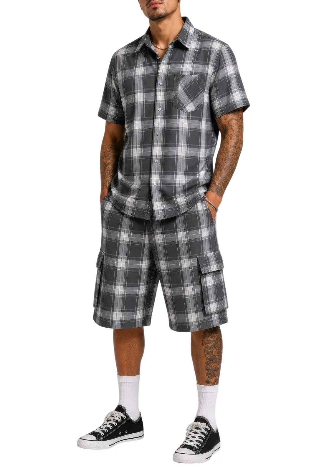 Mens Checkered Shirt And Cargo Shorts Set - Dark Grey - white background