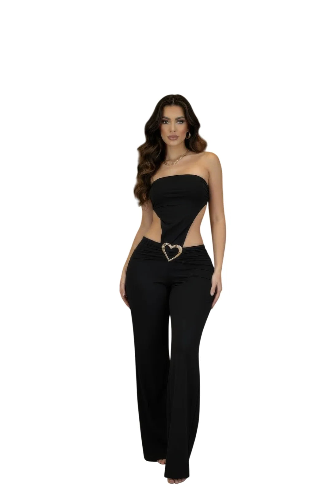 Side Cutouts Gold Heart-shaped Wide-leg Jumpsuit - white background