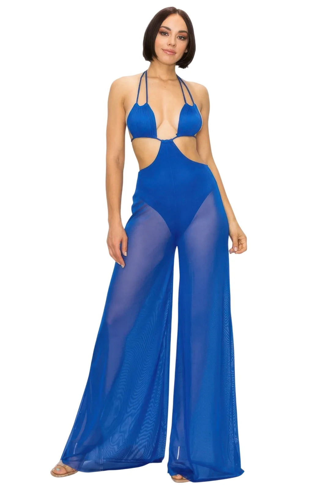Bikini Top And Mesh Wide Pant Jumpsuit - white background