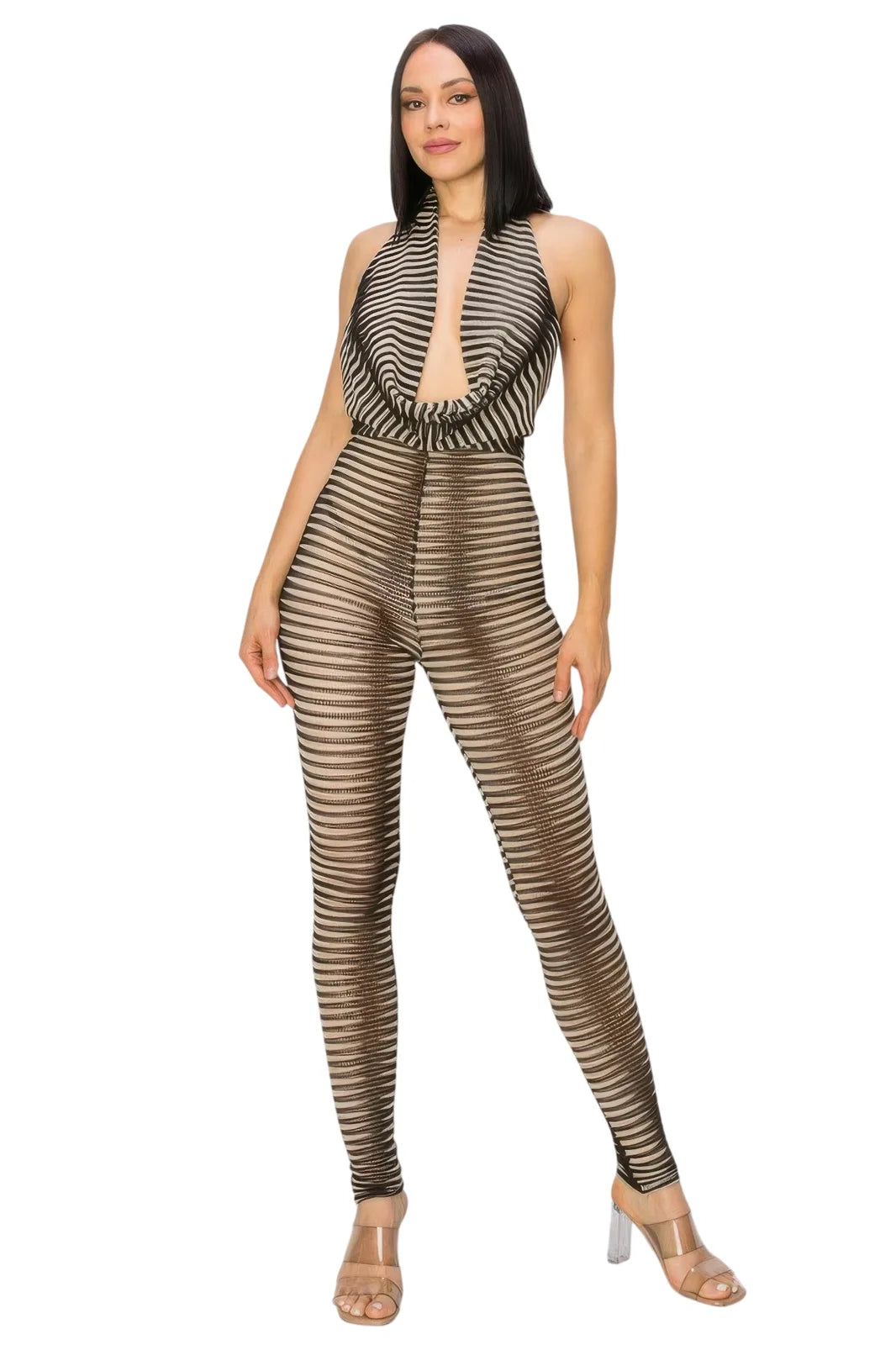 Cowl Neck Knit Mesh Jumpsuit - white background